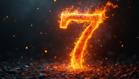 A striking number seven, crafted from vibrant flames, stands out against a shadowy backdrop, radiating energy and intensity. This captivating image symbolizes passion and dynamism, perfect for conveying excitement and boldness in various creative projects.の素材