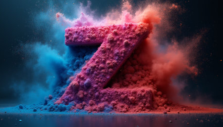 A striking letter Z emerges from a vibrant cloud of pink and blue powder, creating a captivating visual spectacle. The dynamic interplay of colors and textures evokes a sense of energy and creativity, inviting viewers to explore the artistic potential of this bold design.の素材