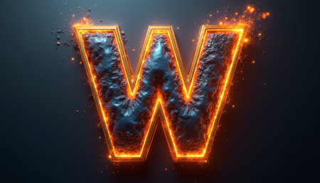 A striking letter W glows with fiery orange and blue hues, creating a captivating visual effect. The textured surface, resembling molten lava, adds depth and dynamism, making it perfect for eye-catching designs and branding.の素材
