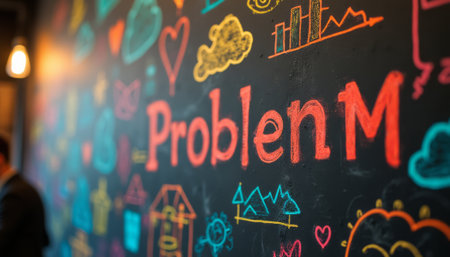 A vibrant chalkboard wall bursts with creativity, featuring the word Problem in striking red surrounded by playful doodles and colorful illustrations. This lively backdrop inspires innovative thinking and problem-solving, making it perfect for brainstorming sessions or creative workshops.の素材