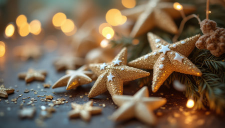 A stunning arrangement of glittering golden stars, embellished with white accents, creates a magical holiday ambiance. The soft glow of fairy lights and scattered glitter enhances the enchanting atmosphere, inviting warmth and joy into any festive celebration.の素材