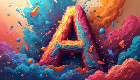 A striking 3D letter A bursts forth from a whirlwind of colorful swirls and geometric shapes, creating a dynamic and playful atmosphere. This vivid composition captures the essence of creativity and imagination, inviting viewers to explore the vibrant world of art and design.の素材
