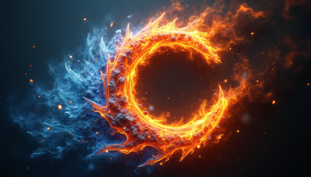A stunning visual representation of fire and ice intertwining in a circular formation creates a captivating contrast. This artwork symbolizes the balance of opposing forces, evoking a sense of power and harmony in natures extremes.の素材
