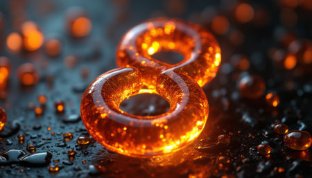 A luminous orange number eight glistens against a dark, wet surface, creating a captivating visual effect. The interplay of light and reflections from the droplets enhances the vibrant glow, evoking a sense of warmth and energy.の素材