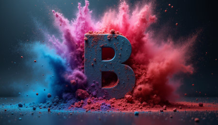 A striking explosion of vibrant pink and blue powder envelops the bold letter B, creating a dynamic and energetic visual. This captivating image symbolizes creativity and innovation, inviting viewers to explore the power of expression and imagination.の素材