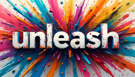 The word unleash bursts forth in vibrant 3D letters, surrounded by a kaleidoscope of splattered colors that create an energetic and lively atmosphere. This striking image captures the essence of creativity and freedom, inviting viewers to break boundaries and express themselves boldly.の素材