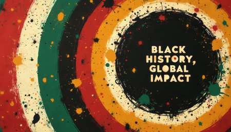 A striking graphic design featuring concentric circles in vibrant colors, with the powerful message BLACK HISTORY, GLOBAL IMPACT at its center. This visually captivating artwork celebrates the profound influence of Black history on a global scale, inviting reflection and appreciation.の素材