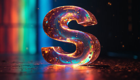 A stunning, translucent letter S radiates vibrant colors and shimmering reflections, creating a captivating visual effect. The interplay of light and bubbles within the letter adds a magical touch, making it an eye-catching centerpiece for creative projects.の素材