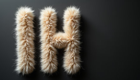 The image features the letters IH crafted from soft, fluffy material, set against a sleek dark background. This playful and tactile design evokes a sense of warmth and coziness, inviting viewers to engage with its whimsical texture and unique style.の素材