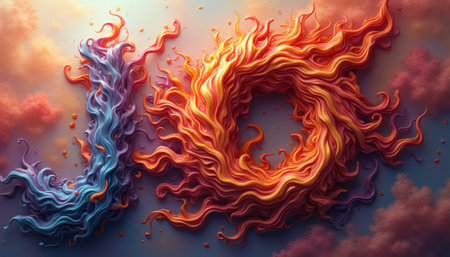 A stunning display of swirling, fiery hues creates the letters J and O, evoking a sense of joy and creativity. The dynamic movement of the colors, blending from cool blues to warm oranges, captures the essence of energy and imagination, inviting viewers to embrace their playful side.の素材