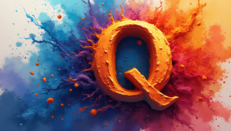 A striking letter Q bursts forth from a vibrant splash of colors, creating an energetic and captivating visual. The vivid hues of orange, blue, and purple swirl around the letter, evoking a sense of creativity and excitement, perfect for artistic projects or branding.の素材