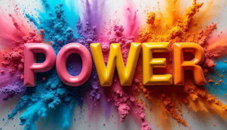 The vibrant word POWER stands out in glossy, bold letters, surrounded by a stunning burst of colorful powder. This energetic composition radiates strength and creativity, inviting viewers to embrace their inner force and potential.の素材