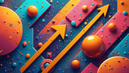 An explosion of geometric shapes in bold oranges, pinks, and blues creates a lively and energetic composition. The playful arrangement of arrows and spheres invites viewers to explore a world of creativity and modern design.の素材
