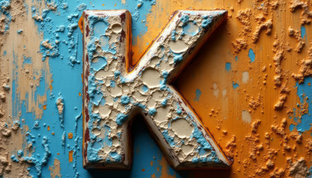 A striking letter K stands out against a backdrop of vibrant blue and orange hues, showcasing a unique textured surface. The letters rough, paint-splattered finish adds an artistic flair, inviting viewers to appreciate the beauty of creativity and expression.の素材