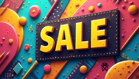 A striking SALE sign bursts with energy against a backdrop of playful geometric shapes in vivid colors. This eye-catching design radiates excitement and urgency, perfect for attracting shoppers attention during promotional events.の素材