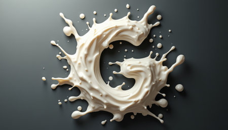 A captivating splash of creamy liquid artfully forms the letter G, surrounded by droplets that enhance its dynamic movement. This visually striking image evokes a sense of freshness and creativity, perfect for branding or culinary themes.の素材
