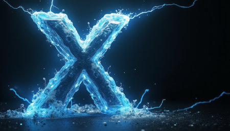 A striking letter X, illuminated in electric blue, stands out against a dark background, radiating energy and power. Surrounded by vibrant lightning bolts and splashes of water, this image captures a sense of movement and excitement, perfect for conveying innovation and dynamism.の素材