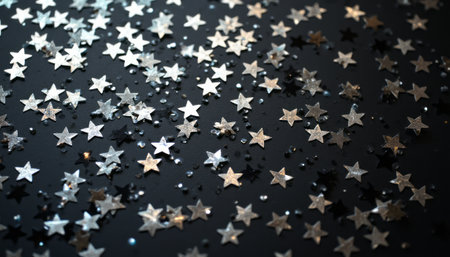 A dazzling array of silver star-shaped confetti glimmers against a deep black background, creating a magical and festive atmosphere. This captivating scene evokes feelings of celebration and wonder, perfect for adding a touch of sparkle to any occasion.の素材