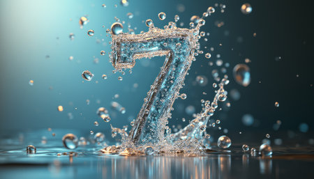 A stunning number seven emerges from a splash of crystal-clear water, surrounded by glistening droplets that dance in the light. This captivating image evokes a sense of freshness and vitality, perfect for themes of celebration, achievement, or milestones.の素材