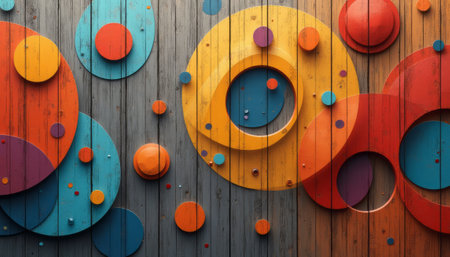 A vibrant display of oversized circles in bold colors adorns a rustic wooden backdrop, creating a playful and dynamic visual experience. The interplay of reds, oranges, blues, and yellows evokes a sense of joy and creativity, inviting viewers to explore the harmony between art and nature.の素材