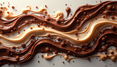 An artistic arrangement of luscious chocolate and smooth caramel flows together in a delightful dance, creating a tempting visual treat. The glossy textures and playful droplets evoke a sense of indulgence and sweetness, perfect for dessert lovers and culinary enthusiasts.の素材
