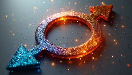 A dazzling gender symbol, adorned with shimmering glitter in vibrant hues of blue and orange, rests against a softly illuminated background. This captivating image radiates inclusivity and celebration, inviting viewers to embrace diversity and self-expression.の素材