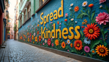 A stunning mural adorns a narrow alleyway, featuring the uplifting phrase Spread Kindness in bold yellow letters, surrounded by a riot of colorful flowers. This vibrant artwork transforms the urban landscape into a cheerful oasis, inviting passersby to embrace positivity and compassion.の素材
