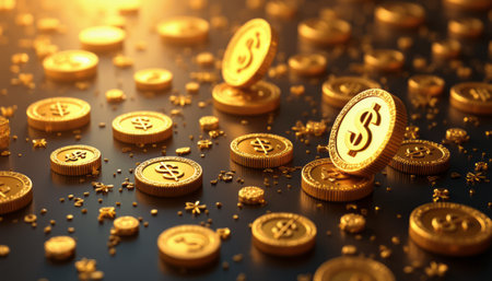 A stunning array of shiny gold coins, adorned with dollar signs, creates a luxurious and opulent scene. The warm glow of light enhances the richness of the coins, evoking feelings of wealth and prosperity.の素材