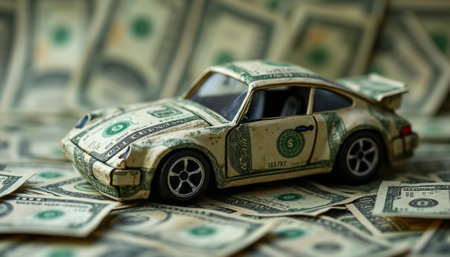 A striking toy car, designed to resemble a classic sports model, is intricately covered in dollar bills, resting atop a sea of cash. This imaginative scene symbolizes wealth and luxury, merging the thrill of speed with the allure of financial success.の素材