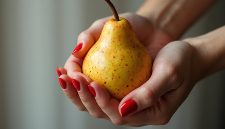 A pair of elegantly manicured hands with vibrant red nails gently hold a luscious yellow pear, showcasing its speckled skin and natural beauty. This image captures the essence of freshness and the simple pleasures of nature, inviting viewers to appreciate the bounty of healthy living.の素材