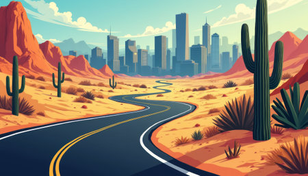 A picturesque winding road cuts through a sunlit desert, flanked by towering cacti and rugged red mountains, leading towards a bustling city skyline. This captivating scene beautifully contrasts the serene natural beauty of the desert with the dynamic energy of urban life, inviting adventure and exploration.の素材