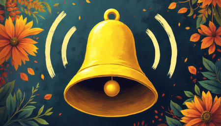 A striking golden bell takes center stage, radiating warmth and cheer amidst a backdrop of lush green foliage and colorful flowers. This captivating image evokes feelings of celebration and joy, inviting viewers to embrace the beauty of nature and the sound of ringing bells.の素材
