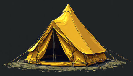 A striking yellow tent stands proudly against a deep black backdrop, exuding a sense of adventure and outdoor spirit. Its classic design, complete with a pointed top and flared edges, invites explorers to embrace nature and embark on unforgettable journeys.の素材