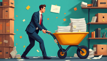 A focused businessman in a sharp suit pushes a bright yellow wheelbarrow overflowing with paperwork, surrounded by a chaotic office environment. This dynamic scene captures the hustle of modern work life, highlighting the overwhelming nature of paperwork and the determination to manage it.の素材