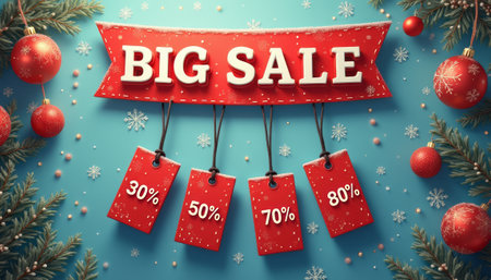 A vibrant BIG SALE banner adorned with sparkling snowflakes and festive ornaments captures the holiday spirit. Discount tags displaying 30, 50, 70, and 80 off dangle enticingly, inviting shoppers to indulge in seasonal savings.の素材