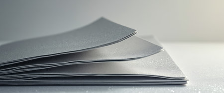 A close-up view of neatly stacked gray paper sheets glistening with a subtle sheen, creating a sophisticated and modern aesthetic. The soft lighting enhances the texture and depth, inviting viewers to appreciate the beauty in simplicity and design.の素材