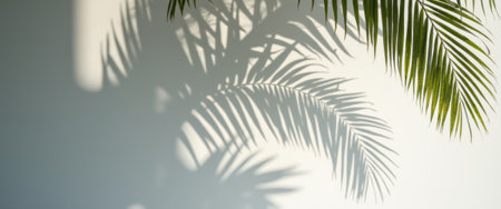 Delicate shadows of palm fronds gracefully stretch across a pristine white wall, creating a serene and tranquil atmosphere. The interplay of light and shadow evokes a sense of calm, inviting viewers to escape into a tropical paradise.の素材