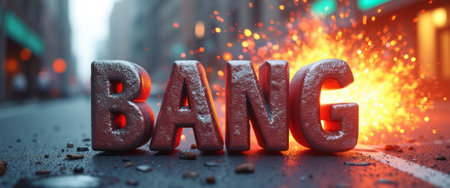The bold, textured letters spelling BANG stand out dramatically against a blurred urban backdrop, illuminated by fiery sparks erupting from behind. This striking image captures the essence of excitement and energy, evoking a sense of action and intensity in a bustling city environment.の素材
