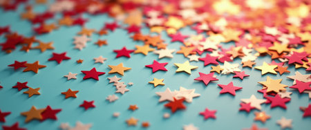 A dazzling array of colorful star-shaped confetti dances across a bright blue surface, creating a festive and joyful atmosphere. The shimmering reds, pinks, and golds evoke feelings of celebration and whimsy, perfect for party decorations or creative projects.の素材