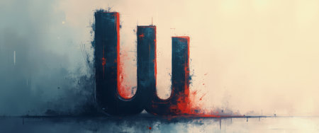 An artistic depiction of a bold, stylized letter W emerges from a misty background, painted in deep blues and fiery reds. This striking image evokes a sense of creativity and modernity, inviting viewers to explore the interplay of color and form.の素材