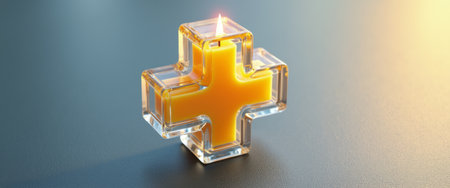 A striking yellow cross-shaped candle sits elegantly on a smooth surface, radiating a soft, inviting light. This unique design combines the symbolism of healing and hope, making it a perfect centerpiece for wellness and spiritual settings.の素材