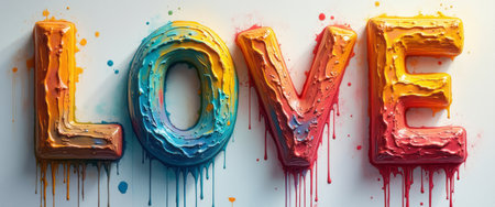 The image showcases bold, three-dimensional letters spelling LOVE, adorned with a vibrant palette of colors and playful paint drips. This artistic representation radiates joy and creativity, inviting viewers to embrace the powerful emotion of love in a visually stunning way.の素材