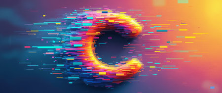 A striking digital representation of the letter C is depicted in a burst of vivid colors, creating a sense of motion and energy. The colorful pixels radiate outward, symbolizing creativity and innovation in a modern, tech-inspired design.の素材