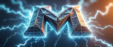 A striking 3D representation of the letter M emerges from a dark background, surrounded by vibrant electric blue lightning bolts. This electrifying design captures attention with its sharp geometric edges and glowing aura, symbolizing energy and creativity.の素材