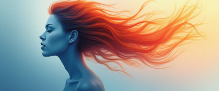 This captivating image features a woman in profile, her vibrant red hair billowing elegantly in the air, set against a soft gradient backdrop. The ethereal quality of the scene evokes a sense of freedom and creativity, highlighting the beauty of movement and color.の素材