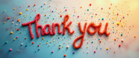 A vibrant display of the words Thank You intricately formed from bright red yarn, surrounded by a sprinkle of colorful confetti. This cheerful composition radiates gratitude and joy, making it perfect for expressing appreciation in a fun and creative way.の素材