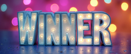 The vibrant WINNER sign, adorned with bright lights, stands out against a dreamy bokeh backdrop filled with soft, colorful orbs. This captivating image radiates positivity and celebration, perfect for conveying achievement and success in various contexts.の素材