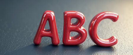 The image features shiny red letters A, B, and C arranged playfully on a smooth, dark surface, creating a striking visual contrast. This vibrant display of letters evokes a sense of creativity and fun, perfect for educational themes or playful designs.の素材