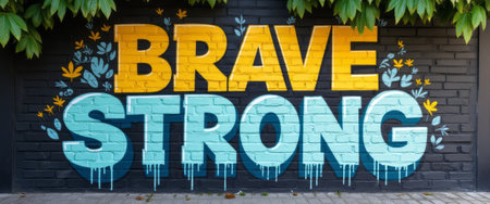This striking mural features the powerful words BRAVE in bright yellow and STRONG in cool blue, surrounded by delicate floral designs. The artwork radiates positivity and resilience, inviting viewers to embrace strength and courage in their lives.の素材