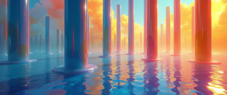 A stunning surreal scene features vibrant pillars emerging from serene waters, reflecting a dreamy sky filled with pastel hues. This captivating image evokes a sense of wonder and tranquility, inviting viewers to explore a fantastical world where colors dance and reflections shimmer.の素材